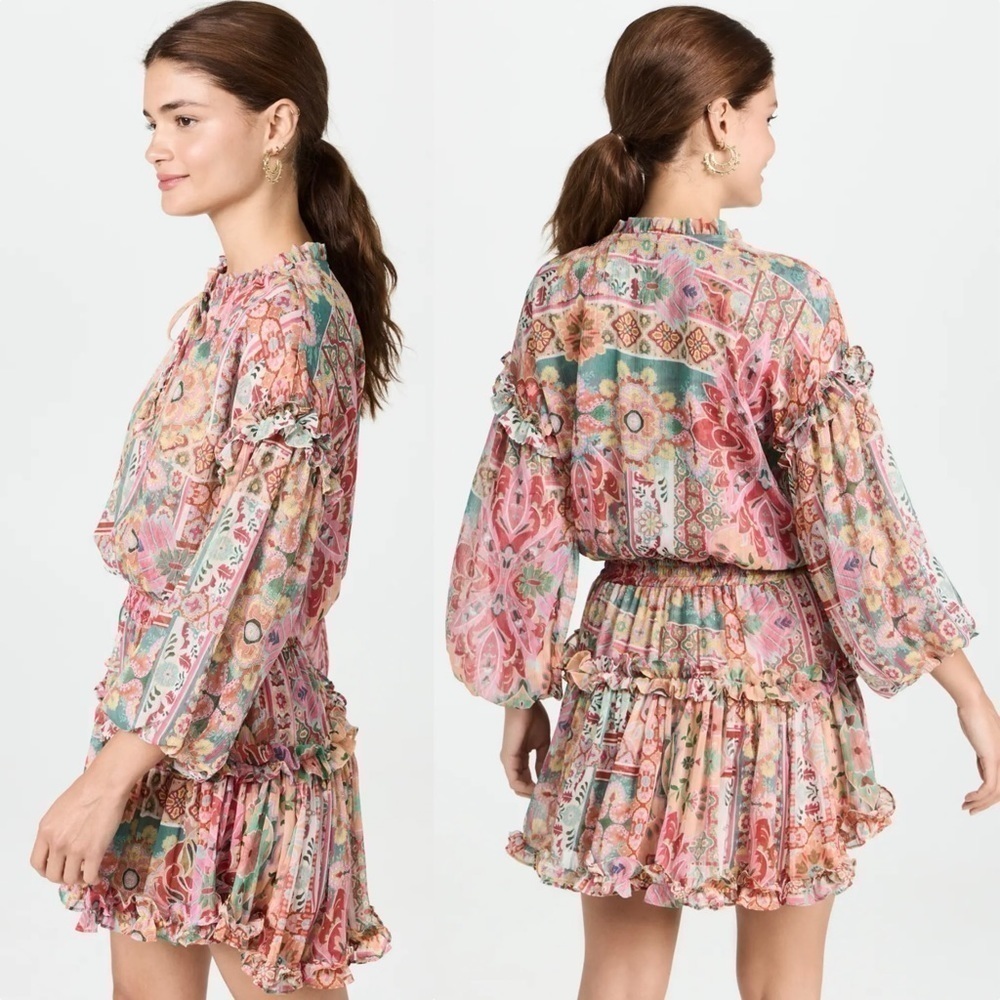 MISA Chiffon Puff Long Sleeve Tassel Tie Neck Smocked Waist Tier Ruffle Dress XS - Picture 15 of 16